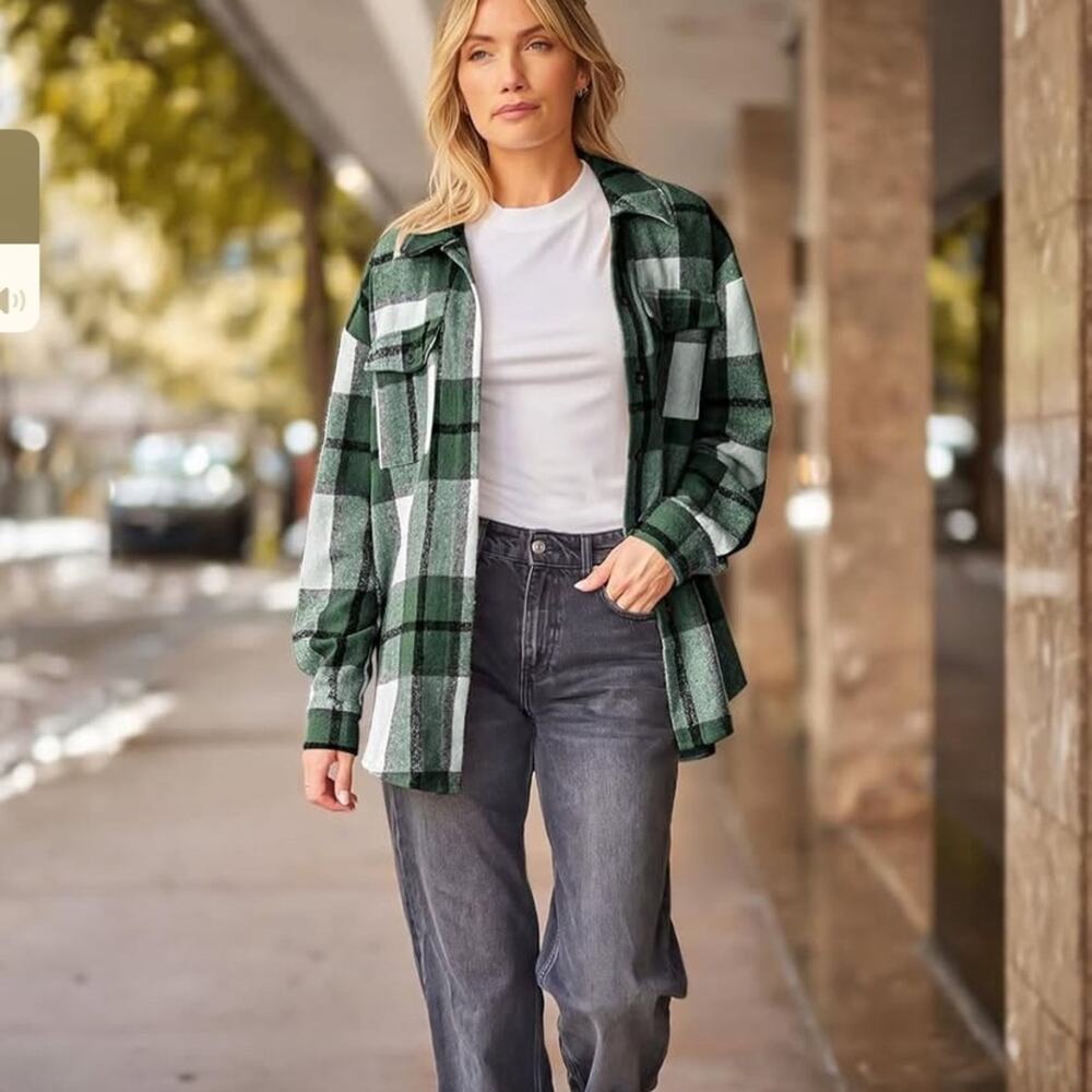 Green & White Plaid Flannel Long Sleeve Shacket Size XS